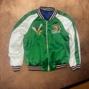 Endless Rose Green White & Blue Embroidered Bomber Souvenir Jacket Tiger Eagle